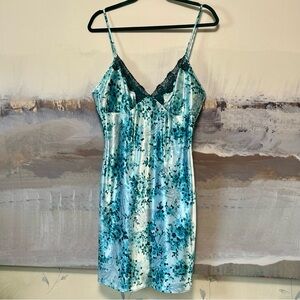 SECRET TREASURES Floral Slip Dress Lace Satin Chemise Antique Teal‎ Blue Size L